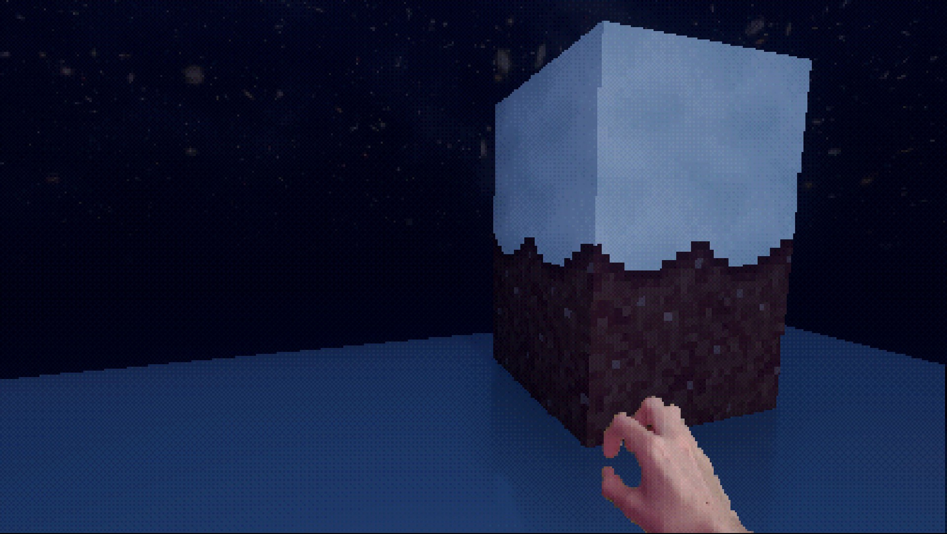 Snow blocks and dirt seamlessly blended with snowy grass.