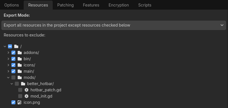 The Resources tab of the Export dialog in "except resources checked below" mode, with everything ticked but the better_hotbar folder
