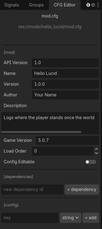 The CFG Editor dock showing mod.cfg of hello_lucid