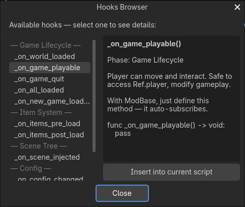 The Hooks Browser with _on_game_playable selected