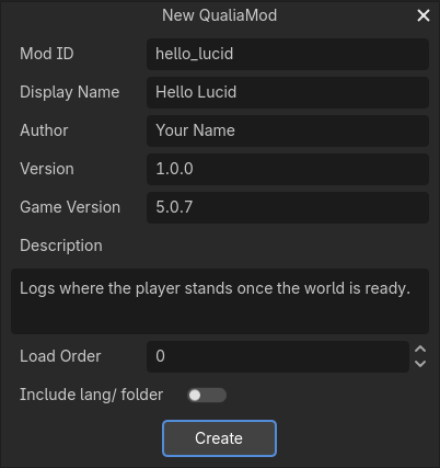 The New QualiaMod dialog filled in for a mod called hello_lucid