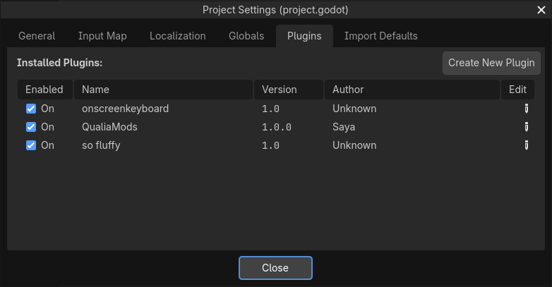 The Plugins tab of Project Settings, with QualiaMods ticked
