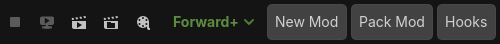 New Mod, Pack Mod and Hooks at the right end of the top bar